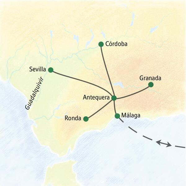 Unsere achttägige Studienreise nach Andalusien führt uns auf Tagesausflügen von Antequera nach Sevilla, Córdoba, Ronda und Granada.