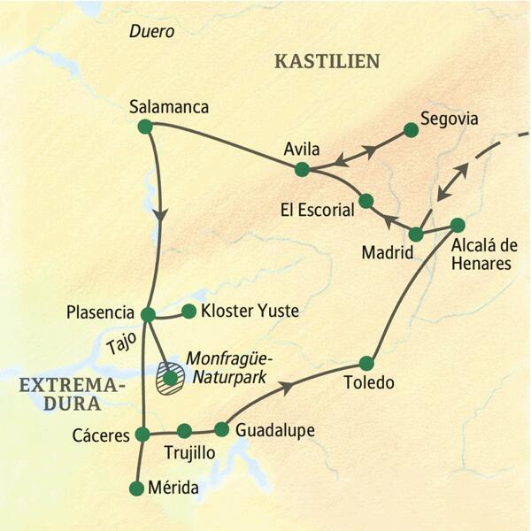Unsere Reiseroute durch Kastilien und die Extremadura startet in Madrid und führt über Avila, Segovia, Salamanca, Plasencia, Cáceres, Guadalupe und Toledo.