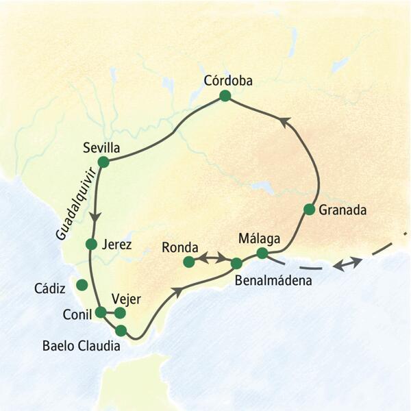 Unsere 15-tägige Studienreise mit Muße durch Andalusien führt uns von Málaga aus in die Städte Granada, Córdoba, Sevilla, Jerez, Conil sowie Ronda.