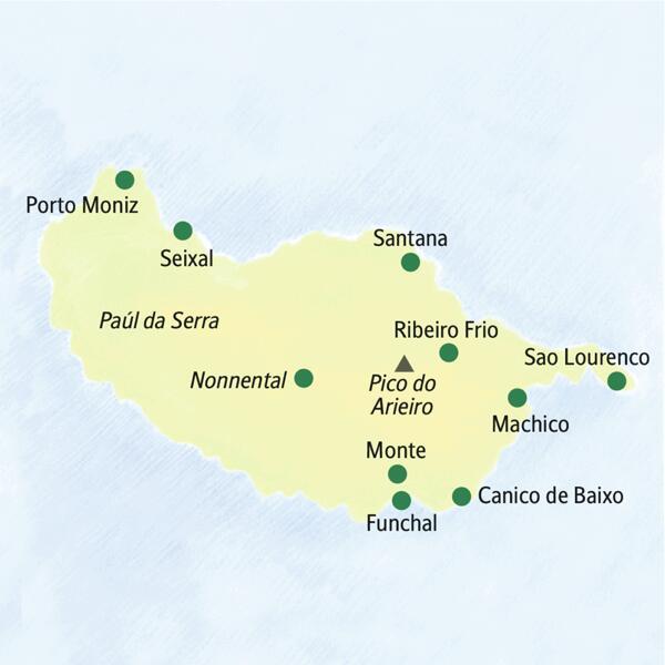 Die Karte zeigt Orte auf der Insel Madeira, die im Rahmen unserer Wanderreise besucht werden: Funchal, Monte, Nonnental, Porto Moniz, Seixal, Santana, Ribeiro Frio, Sao Lourenco, Machico, Canico de Baixo.