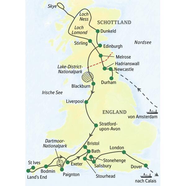 Unsere längste und ausführlichste Studienreise durch Großbritannien: Unterwegs im komfortablen Bus erleben Sie mit Ihrem Studiosus-Reiseleiter die Höhepunkte von England und Schottland in 19 Tagen, von Newcastle über Edinburgh, Dunkeld, Stirling, Liverpool, Land's End, Exeter, Bath, London bis nach Dover.