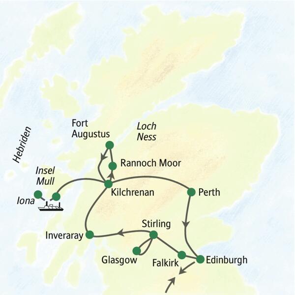 Unsere Reiseroute durch Schottland startet in Edinburgh und führt über Glasgow, Inveraray, Fort Augustus und Perth zurück zu unserem Ausgangspunkt. Wir besuchen auch die Inseln Mull und Iona.