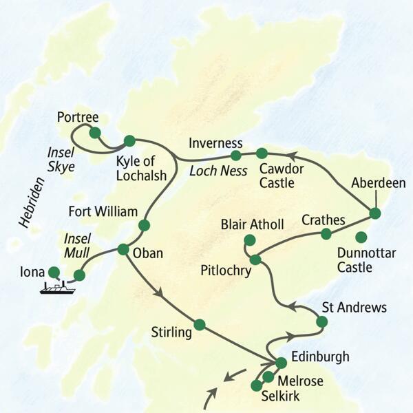 Die Reiseroute der Studienreise Schottland – die umfassende Reise: Die Reise beginnt in Edinburgh und besucht unter anderem St Andrews, Pitlochry, Aberdeen, Inverness, die Insel Skye, Fort William, die Insel Mull, Stirling, Melrose und Selkirk.