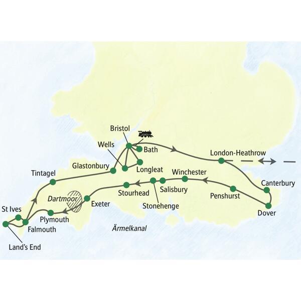 Unsere Studienreise durch Südengland umfasst Besuche von Canterbury und Dover sowie Winchester, Salisbury, Stonehenge, Cornwall (unter anderem Tintagel und St Ives) sowie Somerset mit Wells und Bath.