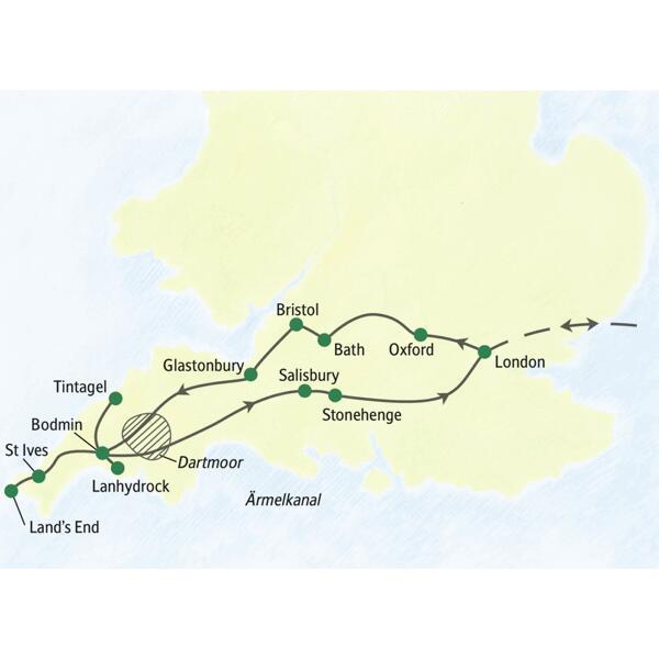 Reiseroute der Rundreise Südengland – im Überblick mit Oxford, Bath, Salisbury und Stonehenge. Dazu Cornwall mit Tintagel, Lanhydrock und St Ives