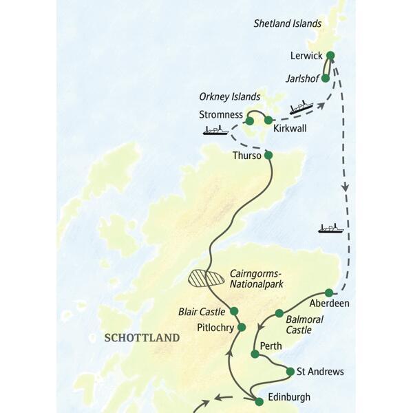 Unsere Reiseroute durch Schottland startet in Edinburgh und führt über Pitlochry nach Thurso. Fährpassagen bringen uns nach Stromness, Lerwick und Aberdeen, dann fahren wir weiter mit dem Reisebus über Balmoral Castle, Perth und St Andrews zurück in die Hauptstadt Schottlands.
