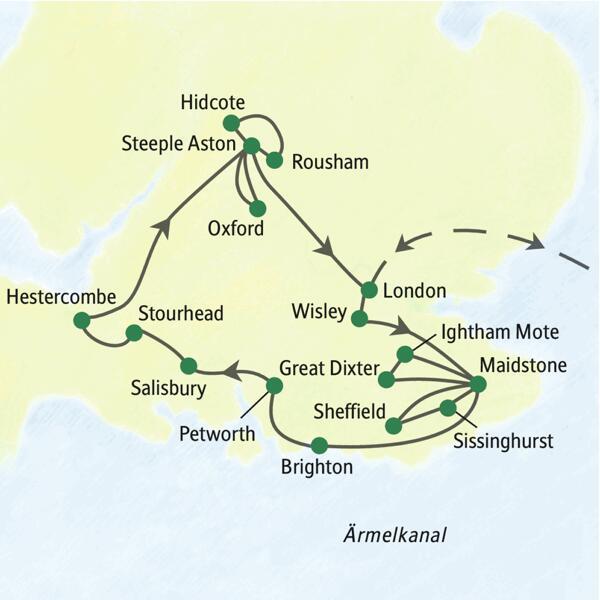Die Karte zeigt den Verlauf unserer Studienreise nach Südengland mit Gartenschwerpunkt: Wir starten in London-Heathrow und touren über Wisley, Maidstone, Great Dixter, Sheffield, Sissinghurst, Brighton, Petworth, Salisbury, Stourhead, Hestercombe, Steeple Aston, Oxford, Hidcote, Rousham zurück an den Flughafen.