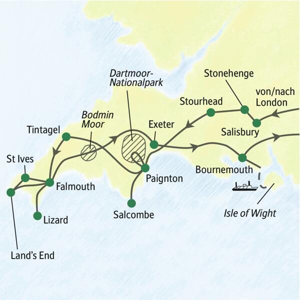 Die Karte zeigt den Verlauf unserer Wanderreise durch Südengland über Salisbury, Stonehenge, Stourhead, Paignton, Salcombe, Tintangel, Falmouth, St Ives, Land's End, Lizard, Exeter und Bournemouth.