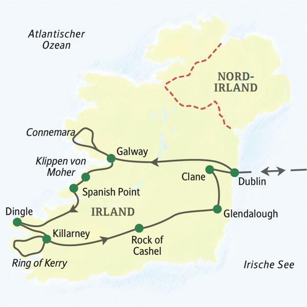 Die Karte zeigt den Verlauf unserer Studienreise Irland - Höhepunkte: Dublin, Galway, Connemara, Spanish Point, Dingle, Killarney, Rock of Cashel und Glendalough.