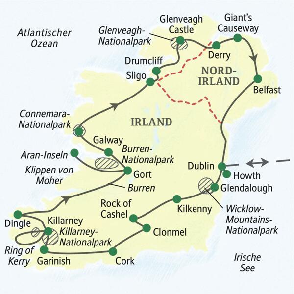 Die Karte zeigt den Verlauf der Studiosus-Wanderreise nach Irland: Dublin, Glendalough, Kilkenny, Rock of Cashel, Clonmel, Cork, Garinish, Killarney, Dingle, Gort, Aran-Inseln, Galway, Sligo, Drumcliff, Glenveagh, Derry, Belfast und zurück nach Dublin.