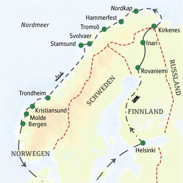 Die Route dieser Kreuzfahrt-Studienreise führt von Helsinki durch Lappland nach Kirkenes und dann an Bord eines Postschiffs an der norwegischen Küste entlang nach Bergen.