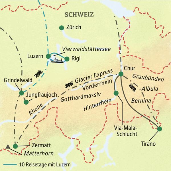 Die Reiseroute dieser Studienreise führt durch die Schweizer Berge - mit dem Glacier Express und der Berninabahn. Im Programm: Matterhorn, Jungfraujoch und Interlaken, Luzern und Vierwaldstättersee und die Via-Mala-Schlucht.