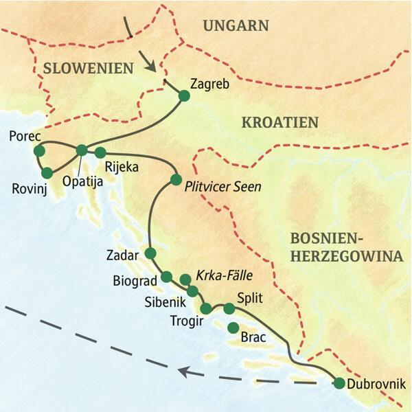 Unsere umfassende Reise durch Kroatien startet in Zagreb und führt über Porec, Rovinj, Opatija, Zadar, Biograd, die Krka-Fälle, Trogir und Split bis nach Dubrovnik.