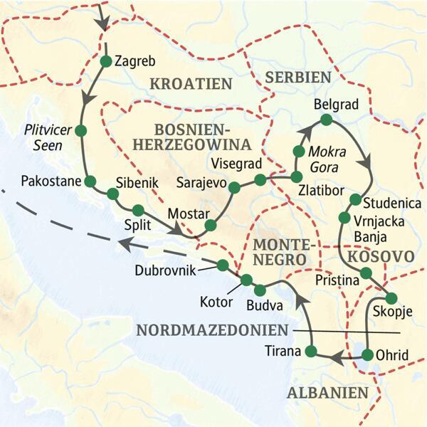 Die Reiseroute unserer klassischen, 15-tägigen Studienreise durch den Balkan führt über Kroatien, Bosnien-Herzegowina, Serbien, Nordmazedonien, Montenegro und Albanien, inklusive Abstecher in den Kosovo.