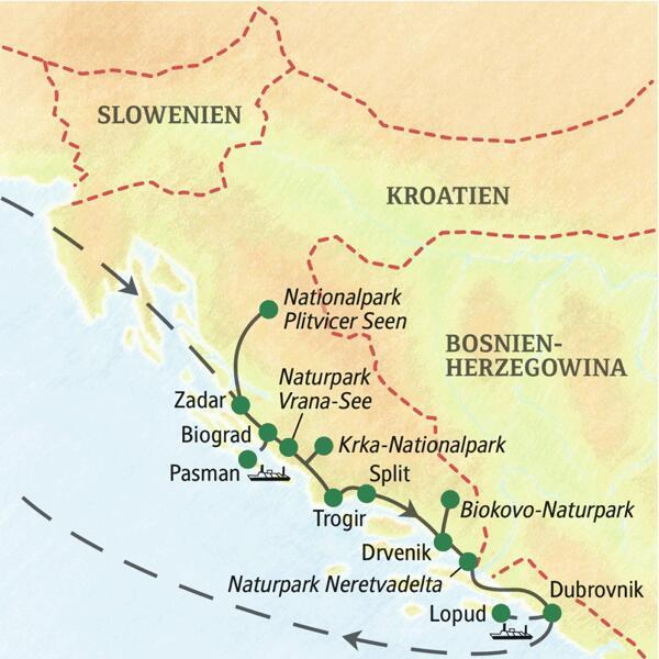 Unsere Wander-Studienreise durch Kroatien startet in Zadar und führt über Biograd, die Plitvicer Seen, den Naturpark Vrana-See, den Krka-Nationalpark, den Biokovo-Nationalpark und über Trogir bis nach Dubrovnik.