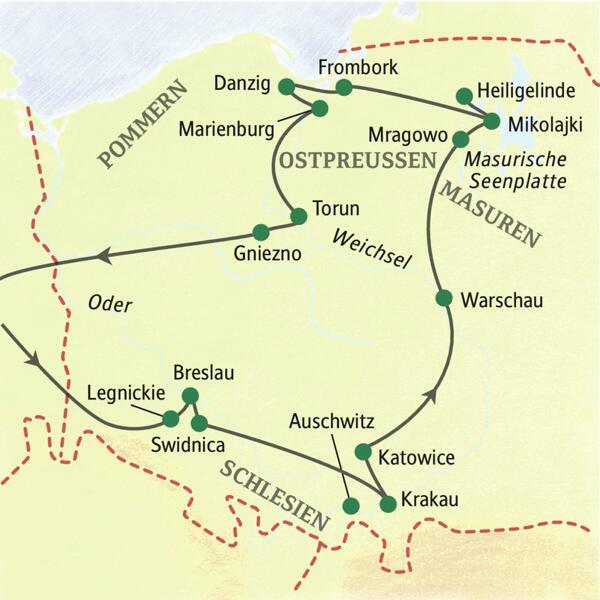 Unsere umfassende, 13-tägige Studienreise durch Polen führt Sie unter anderem nach Breslau, Krakau, Warschau und Danzig.