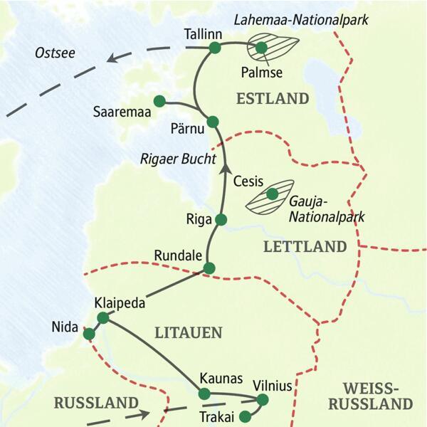 Unsere Reise ins Baltikum führt durch die drei baltischen Staaten Litauen, Lettland und Estland, mit Kurischer Nehrung (UNESCO-Welterbe) und der Insel Saaremaa.