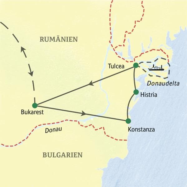 Karte der Studiosusreise in Rumänien: Route von Bukarest über Konstanza, Histria und Tulcea ins Donaudelta und zurück.