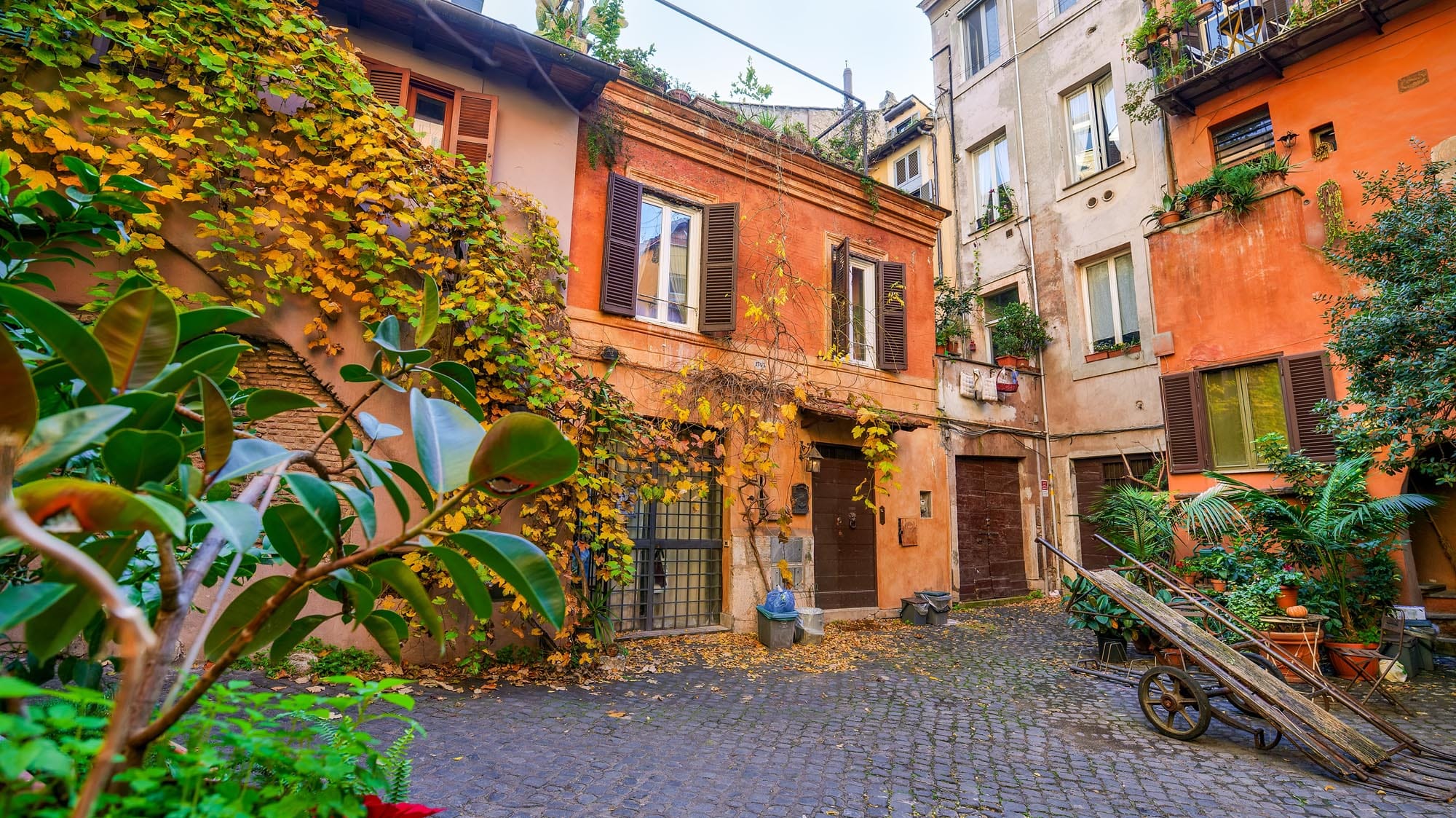 Ein Blick hinter Roms Haustüren: ein Innenhof mit vielen Pflanzen.