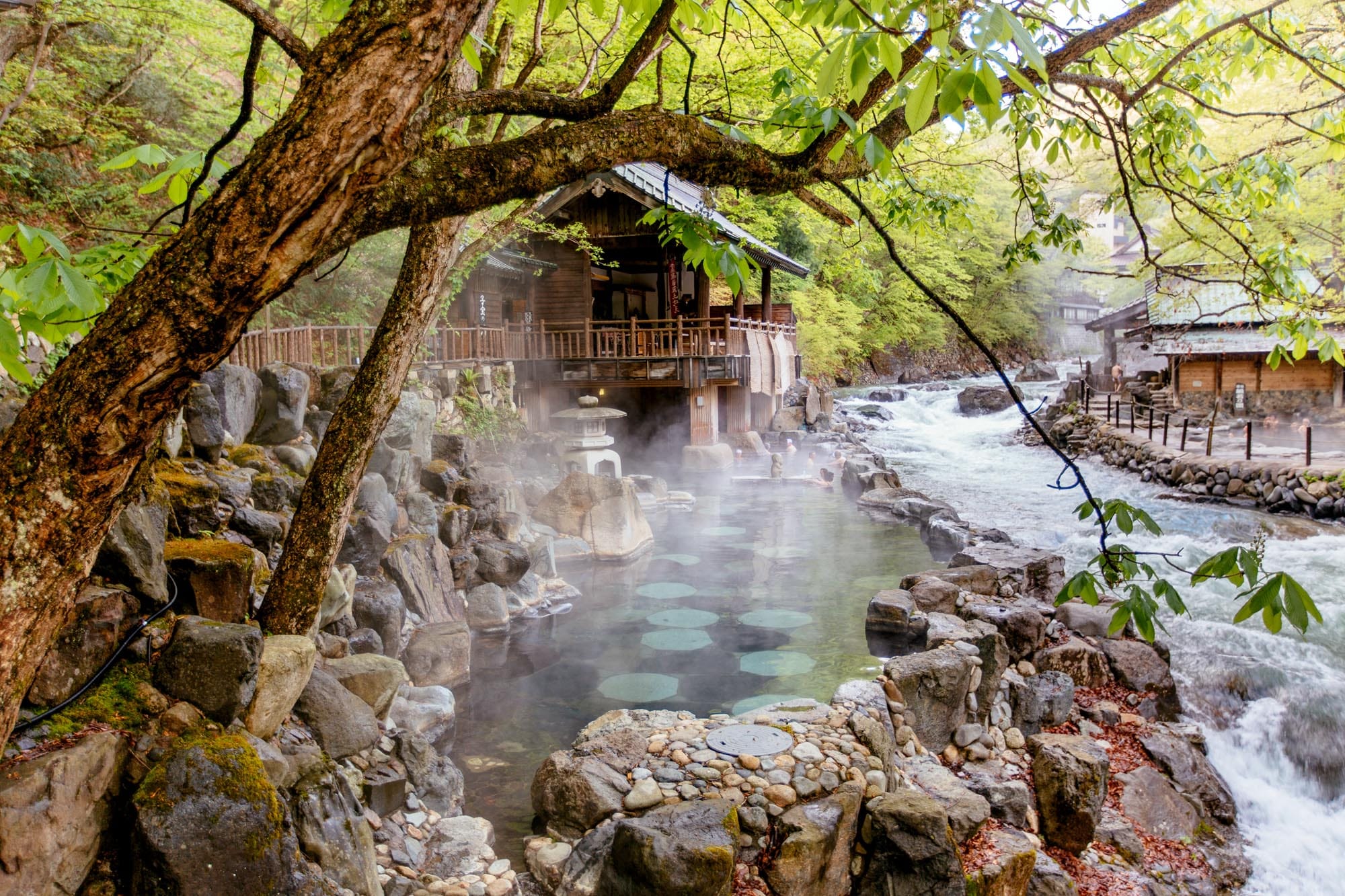 Der Takaragawa Onsen liegt in einem malerischen Tal des gleichnamigen Flusses, umgeben von Bergen und Wäldern.